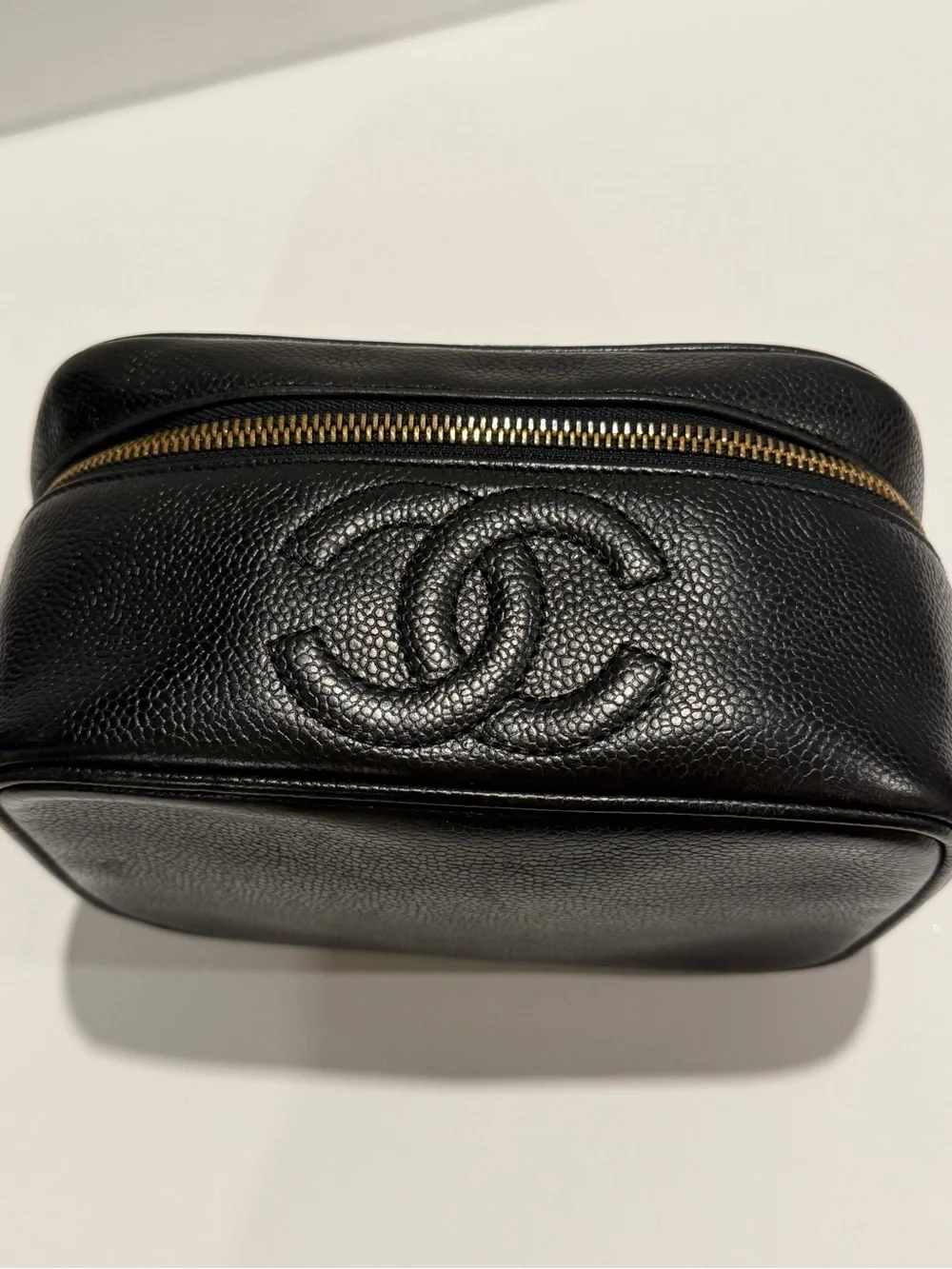 CHANEL Black Caviar Leather CC Embossed Cosmetic Pouch with Gold Zipper